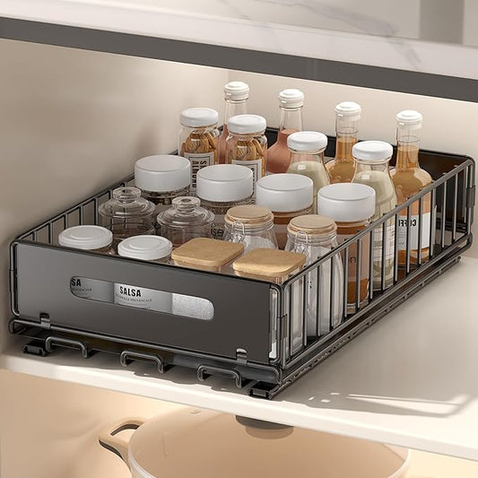 PureBox Pull Out Cabinet Organizer, Slide Out drawers for cabinets, Heavy Duty Carbon Steel Roll Out Shelves for kitchen, bathroom, pantry (14.7ââ-23.1ââ Slide, Adhesive & Screw), Black (1)