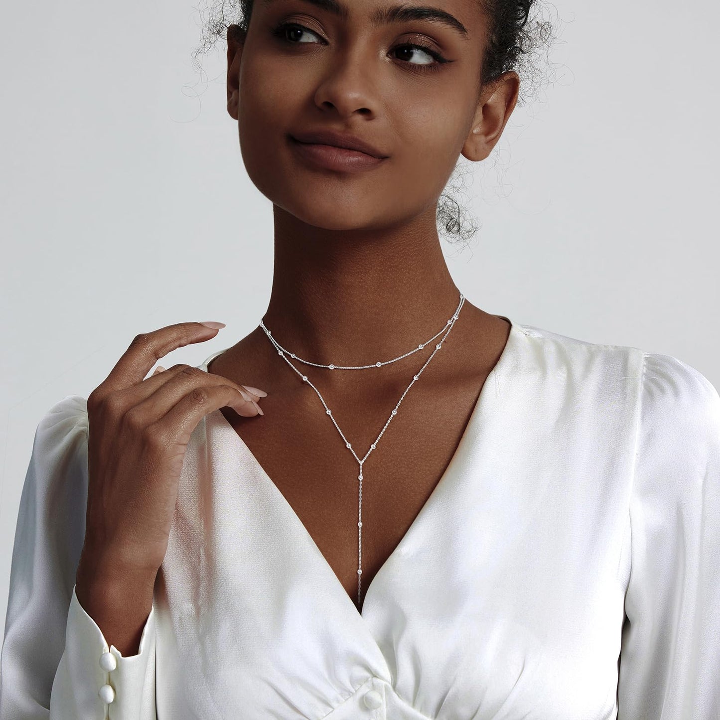 Luxval Silver Necklace for Women Dainty Silver Plated Layered Necklaces for Women Trendy Lariat Beaded Long Necklace Simple Jewelry Gift Wedding