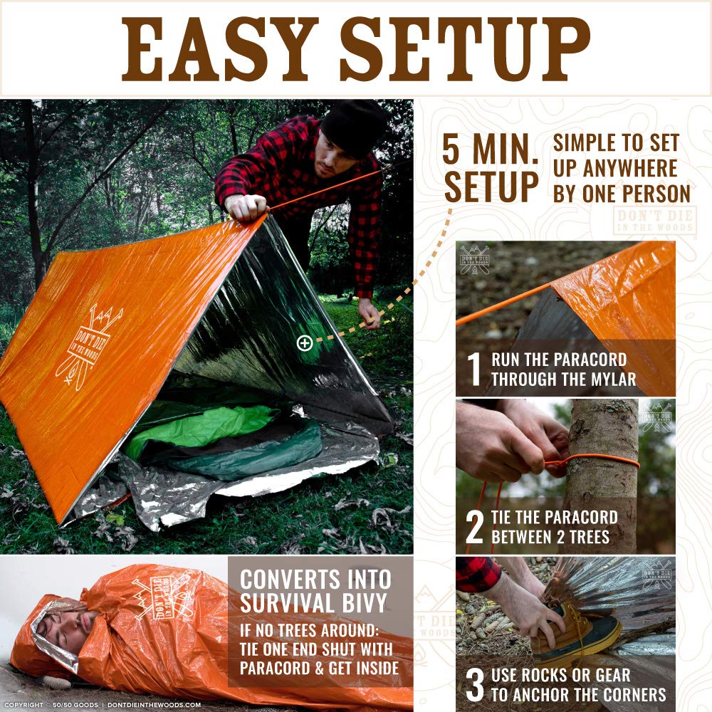 Don't Die In The Woods - Survival Tent - Made with Extra-Thick Space Blanket Thermal Mylar - Emergency Shelter Tube Tent - One of The 10 Essentials for Hiking, Camping, First Aid Kits (Green)