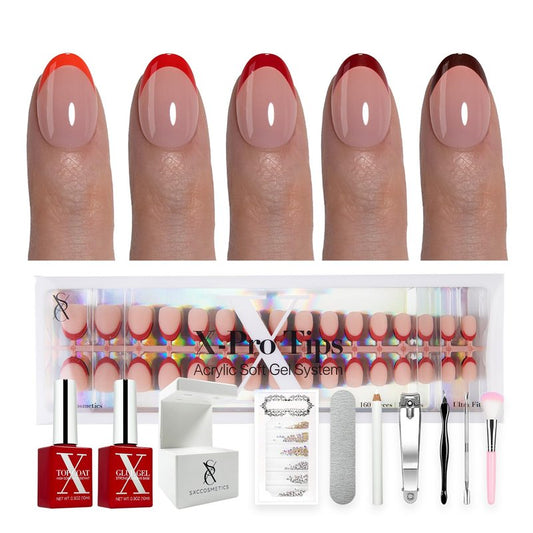 SXC Cosmetics French Tip Press On Nails – Red Series, Extra Short Almond Fake Nails X-Pro Tips Starter Kit | 160PCS, 16 Sizes, 5 Styles, Beginner-Friendly