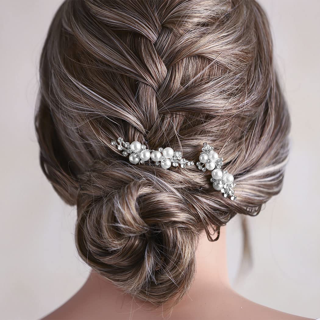 Asooll Gold Wedding Pearl Hair Comb Bride Crystal Headpiece Bridal Rhinestone Hair Clip Hair Accessories for Women(Set of 2) (B-Silver)