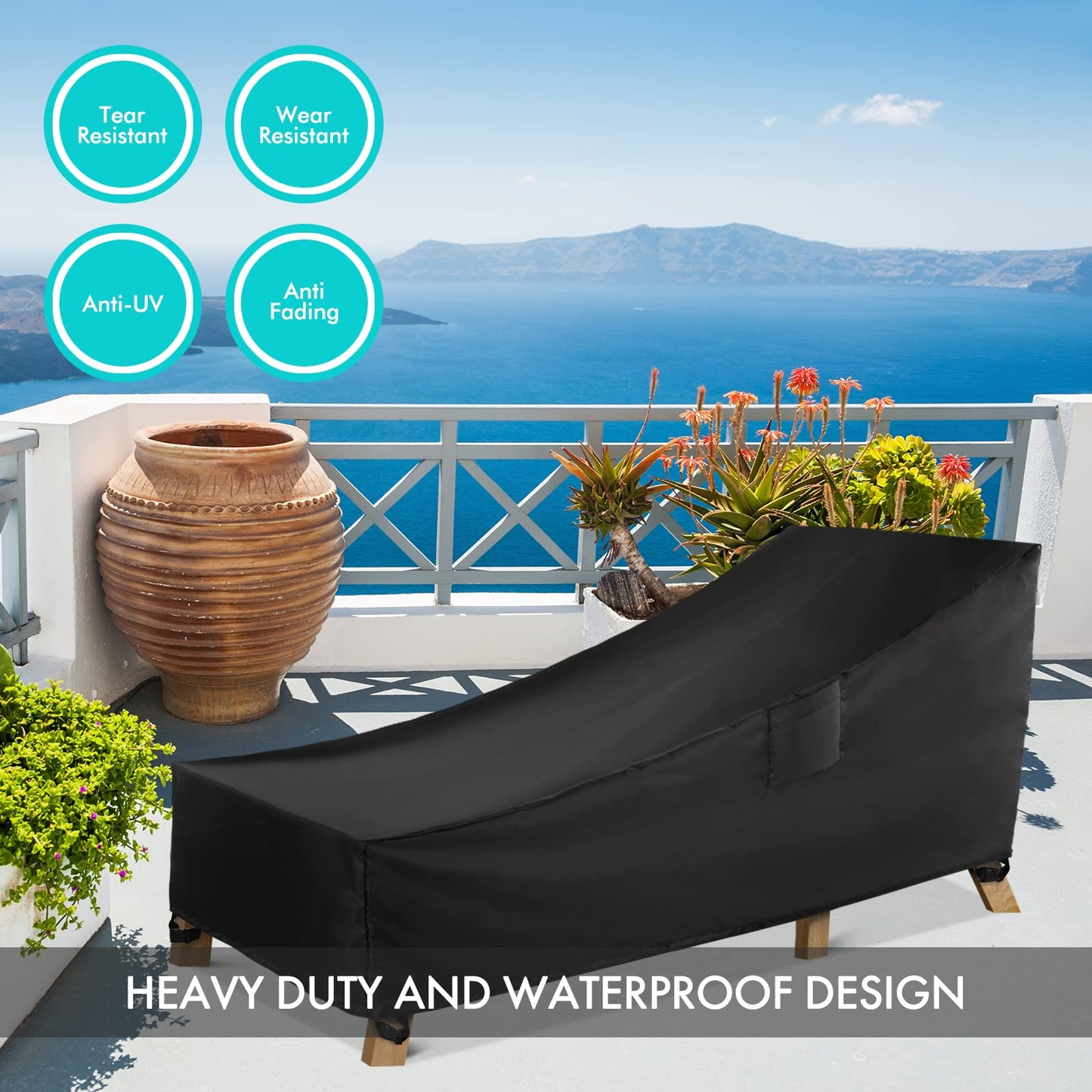 WLEAFJ Patio Chaise Lounge Cover Waterproof, Heavy Duty Outdoor Lounge Chair Covers, Black Durable Patio Furniture Covers, 70L x 32W x 30H inch - 2 Pack