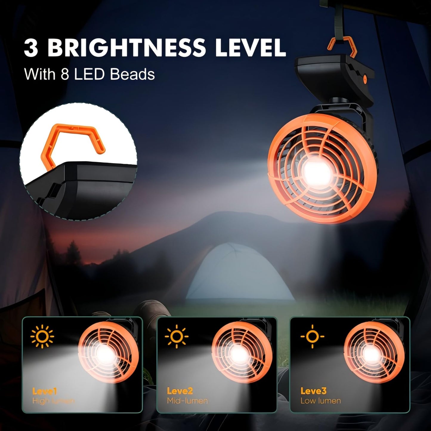 Durapower Clip-on Camping Fan with LED Lantern, Magnetic Base & Hanging Hook – Ideal for Travel, Tent, RV, Picnic, Treadmill, Stroller, Golf Cart & Home
