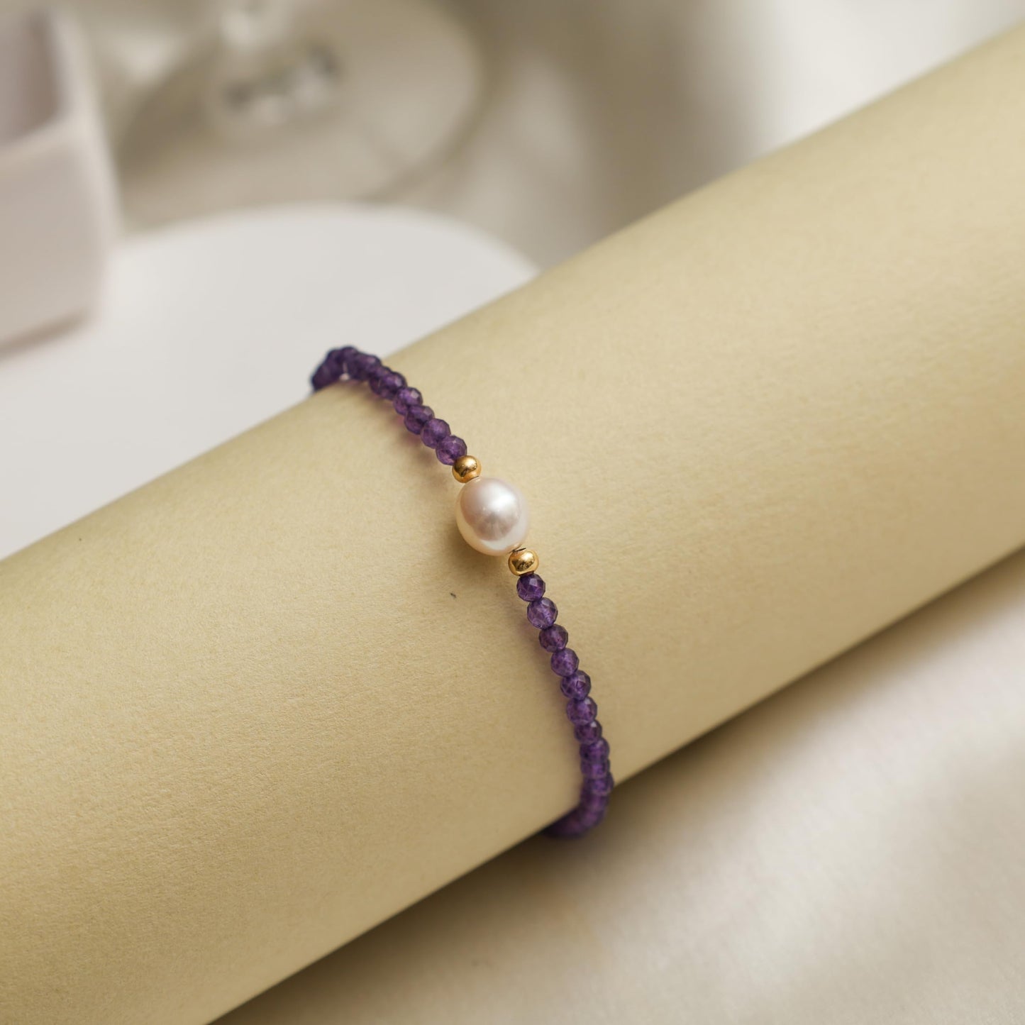 Gempires Amethyst Beaded Bracelet with Pearl Choker Crystal Jewelry Lightweight February Birthstone Gifts Hypoallergenic 7.5 Inch Gold Plated Trendy Fashion Everyday Wear Jewelry