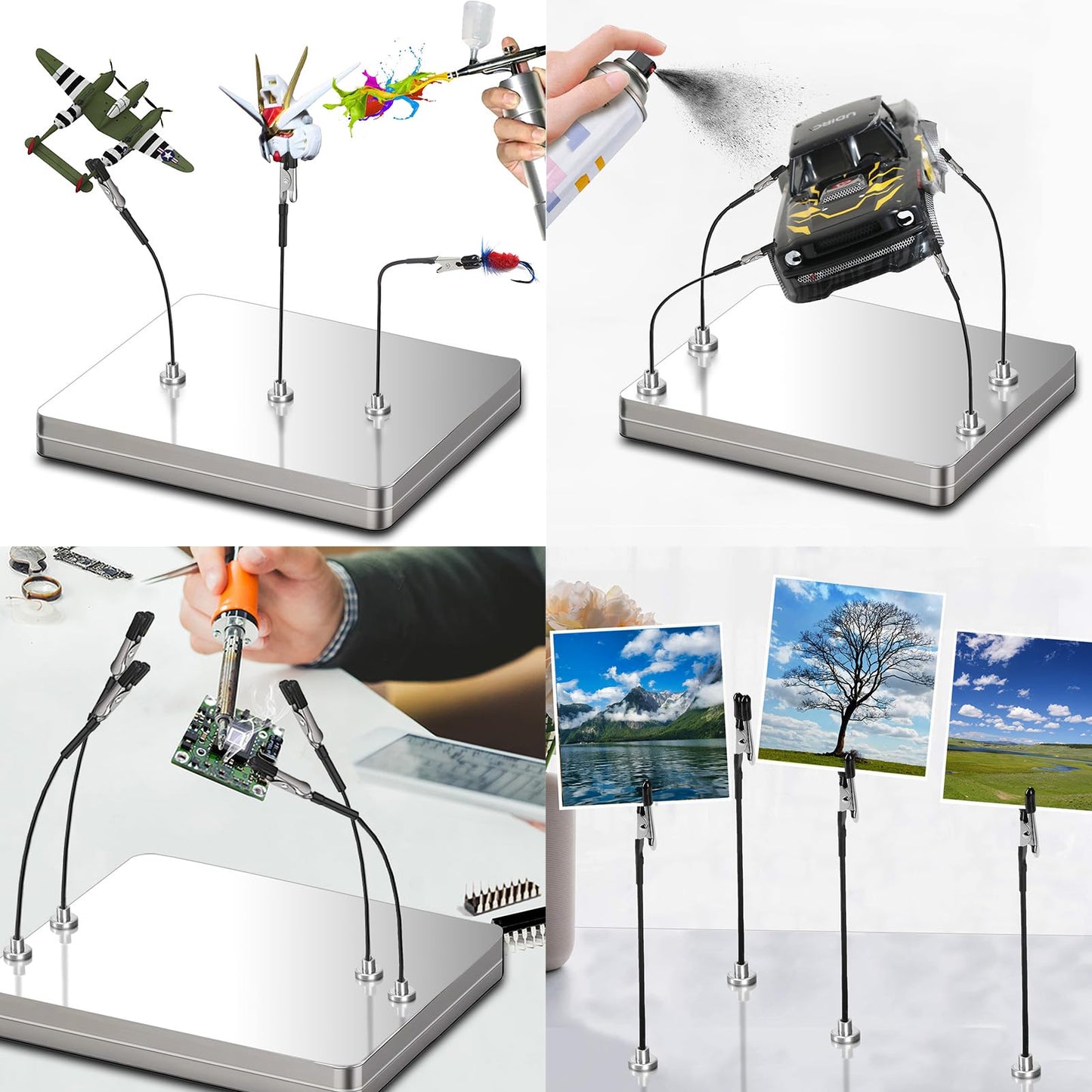 Magnetic Helping Hands for Soldering with 20 Flexible Magnetic Clips - All-in-One Steel Box Station with Brush, Ideal as a Model Painting Stand, Soldering, PCB, and Crafts (Silver)