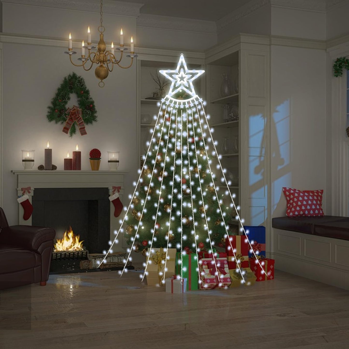 350 LED Christmas Decorations Star String Lights Waterproof Waterfall StarLights 8 Light Modes Remote & Timer,Waterproof Seasonal Lighting Decor for Home Xmas Tree Yard Wedding Party (Cool White)