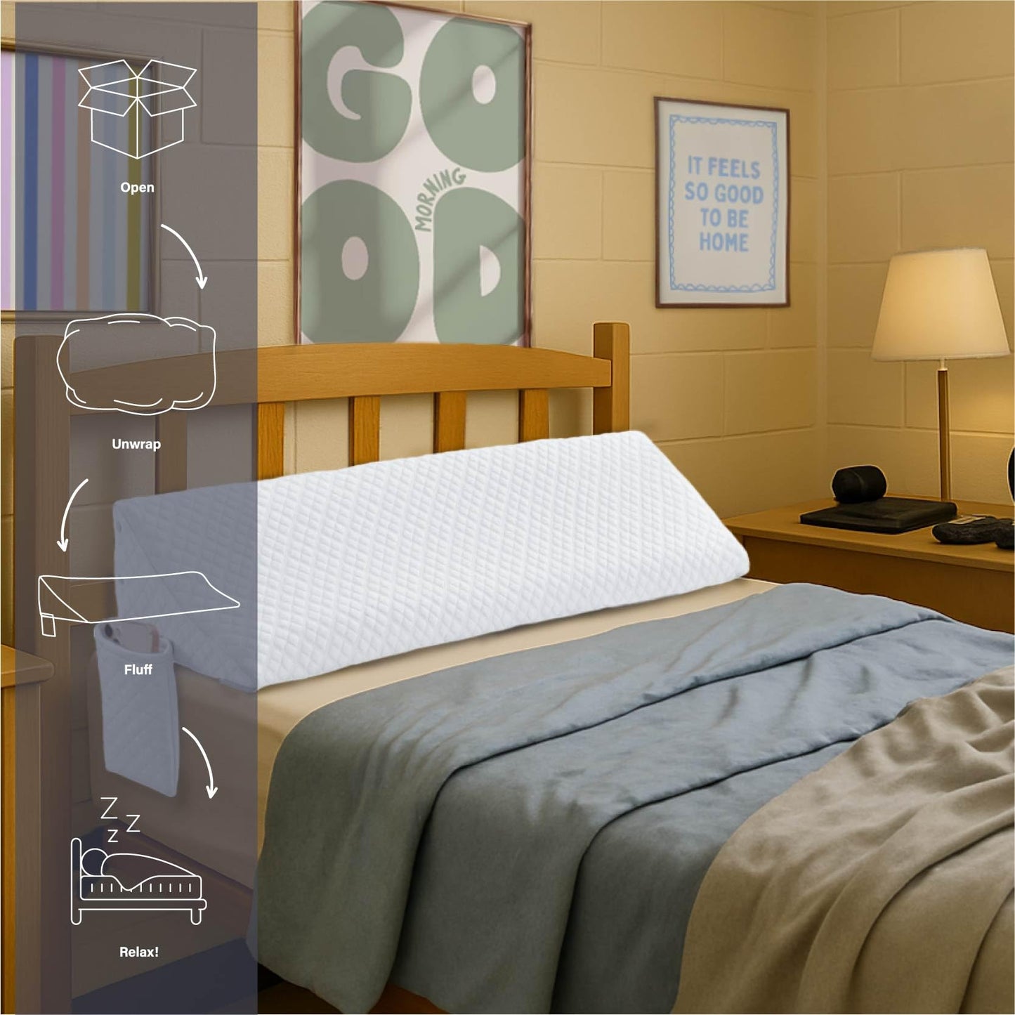 Aeropostale Foam-Filled Bed Wedge Pillow for Twin Beds – Dorm, Kids & Teen Rooms – Headboard Gap Filler with Side Pocket for Bedside Essentials, White