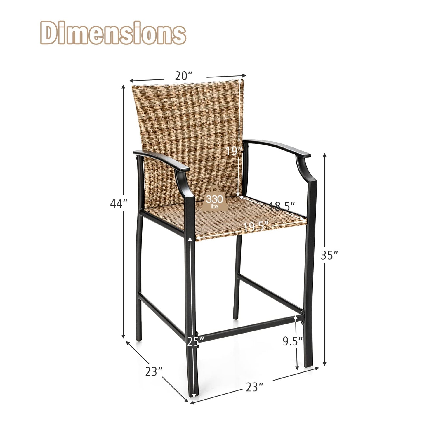 Tangkula Patio Rattan Bar Stools Set of 4, Outdoor Wicker Bar Height Chairs W/Soft Cushions, High Backrest & Curved Armrest, Convenient Footrest, Ideal for Garden, Poolside, Balcony