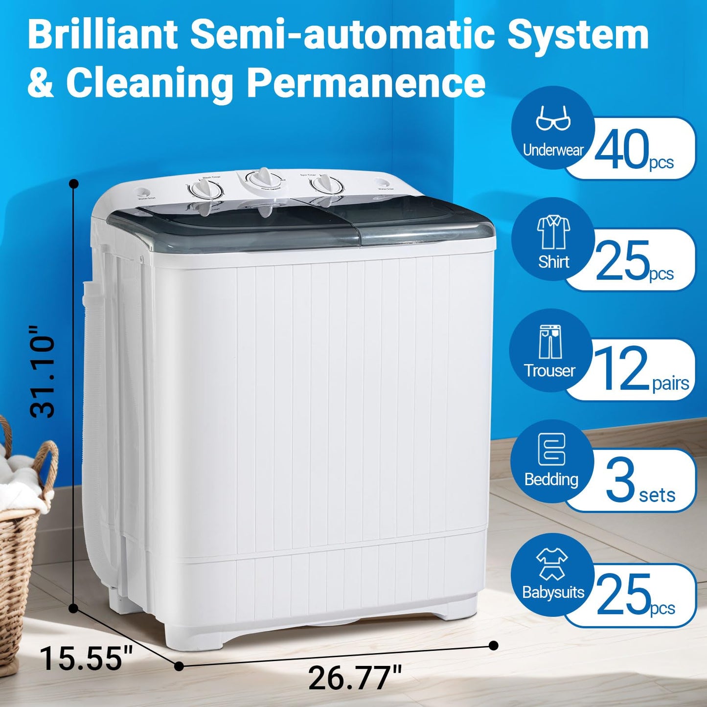 Erivess 2-in-1 Twin Tub Portable Washing Machine, 22Lbs Wash 10Lbs Spin Cycle Capacity, Compact Laundry Washer with Spin Dryer for Household, Apartment, RV