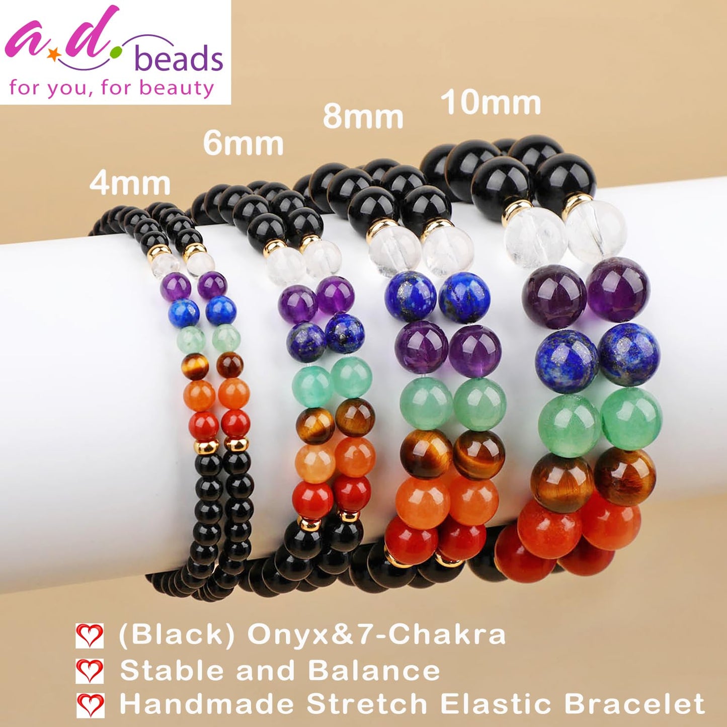 AD Beads Handmade Gemstone Stretch Elastic Bracelet Crystal Healing Reiki Nature's Beauty and Spiritual Essence Unisex (10mm, Onyx & 7-Chakra (Stable and Balance))