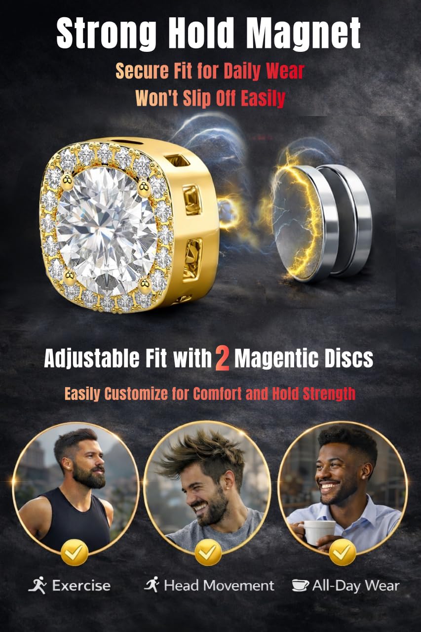 2 Pairs Magnetic Earrings for Men Clip On Fake Earrings Non Pierced, Stainless Steel Magnet Nose Stud Piercings for Women, 8MM, Gold Color