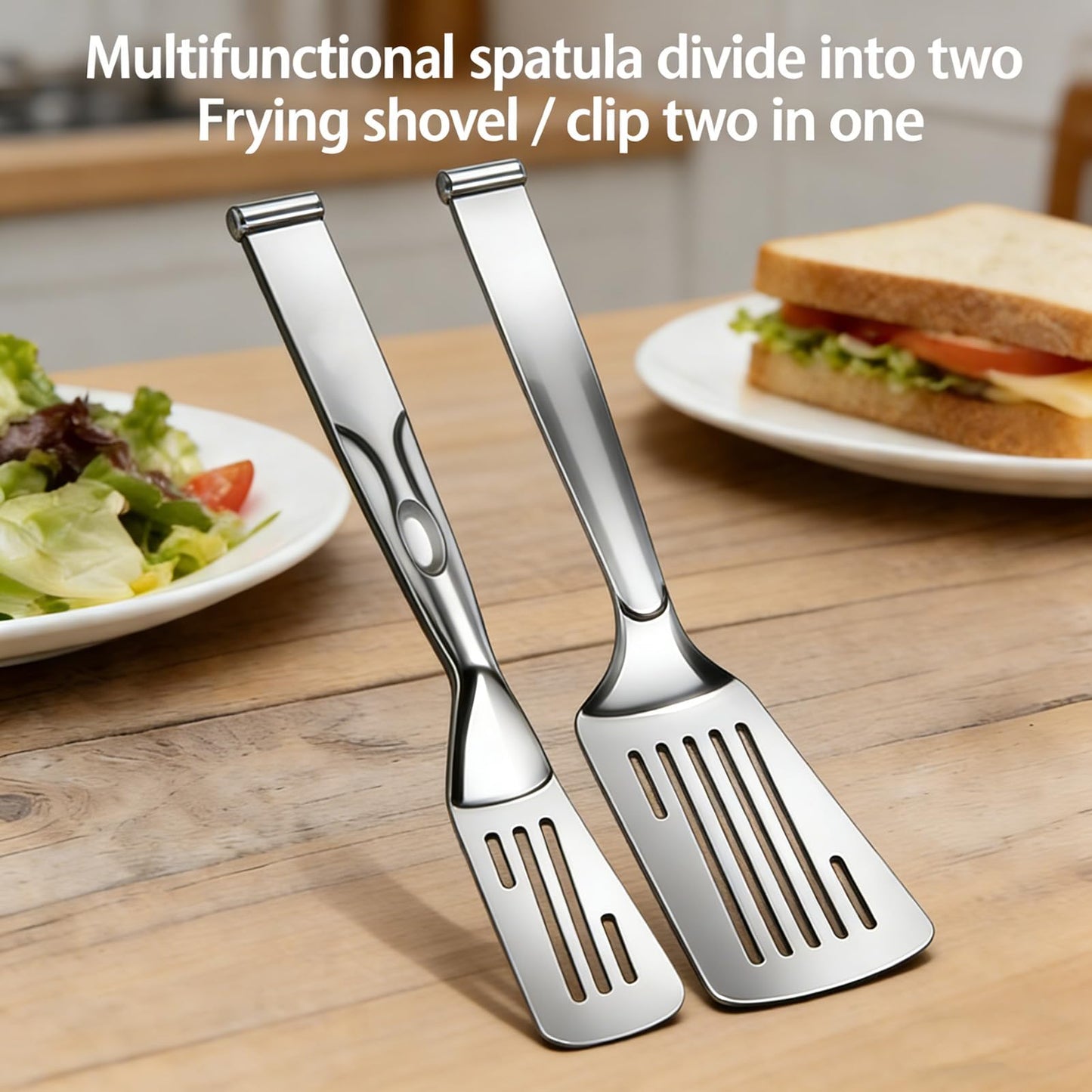 2-in-1 Spatula Tongs for Cooking, Detachable Stainless Steel Grill Clamp Spatula, Multifunctional Kitchen Tongs & Food Turner for Flipping Steaks, Fish, Burgers, Eggs, Dishwasher Safe