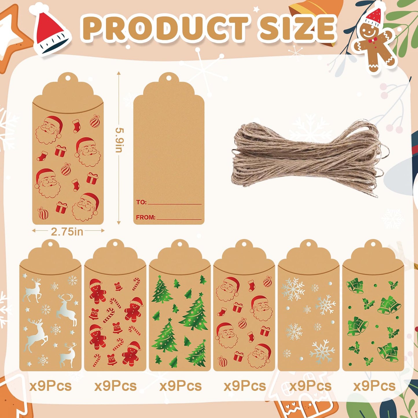 54Pcs Christmas Gift Card Holders, Kraft Paper Holiday Money Envelopes with String, Christmas Money Holder Gift Card Envelopes for XMAS Gifts Wrapping