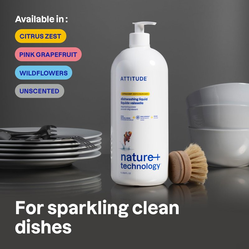ATTITUDE Dish Soap, EWG Verified, Plant-Based & Vegan Dishwashing Liquid, Naturally Derived, Pink Grapefruit Scent, 33.8 Fl Oz