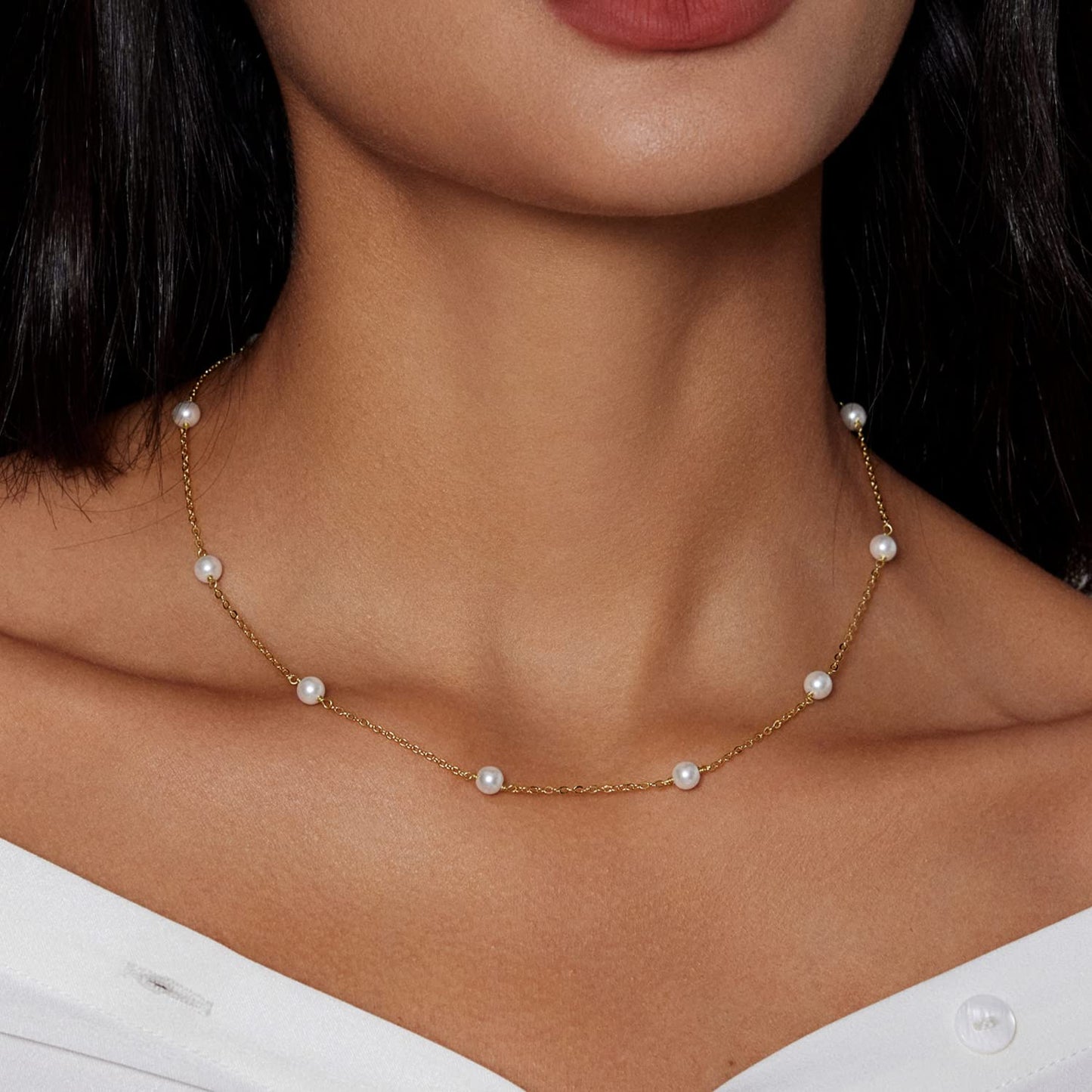 Zeffy Dainty Gold Pearl Necklace for Women Small Pearls Chain Necklace Tiny Pearl Beaded Choker Necklace for Women Simple Jewelry Gifts