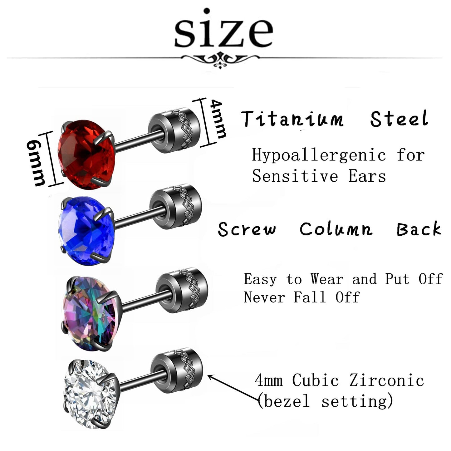 Hopply 4 Pairs Titanium Screw Back Surgical Stainless Steel Earrings for Women Men,Rainbow 5A Cubic Zirconia Studs Double Side Earrings Piercing Sleeper Jewelry 6mm