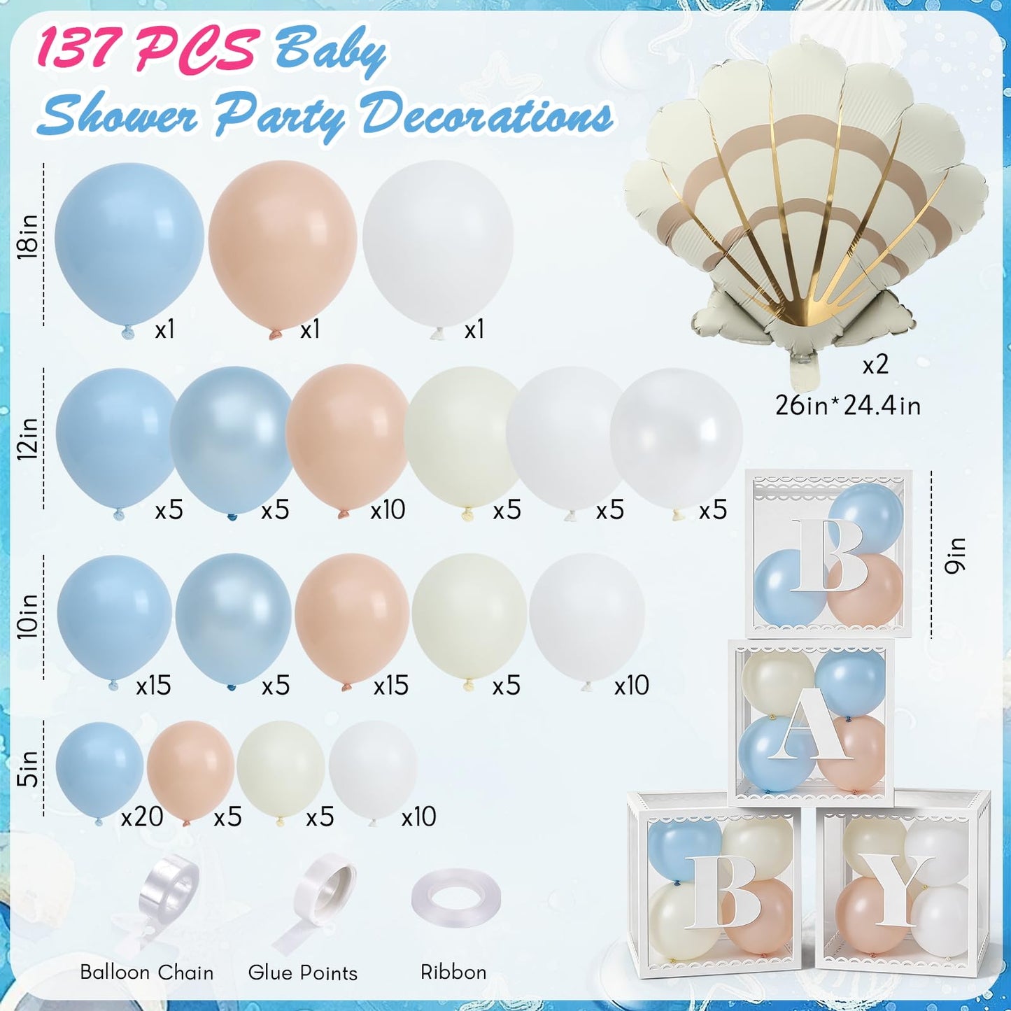 SNLN Under the Sea Baby Shower Decorations, Ocean Themed Birthday Party Decorations, Blue Pastel Orange White Balloon Arch Seashell Foil Balloon Box Sea You Soon Baby Shower Gender Reveal Decoration