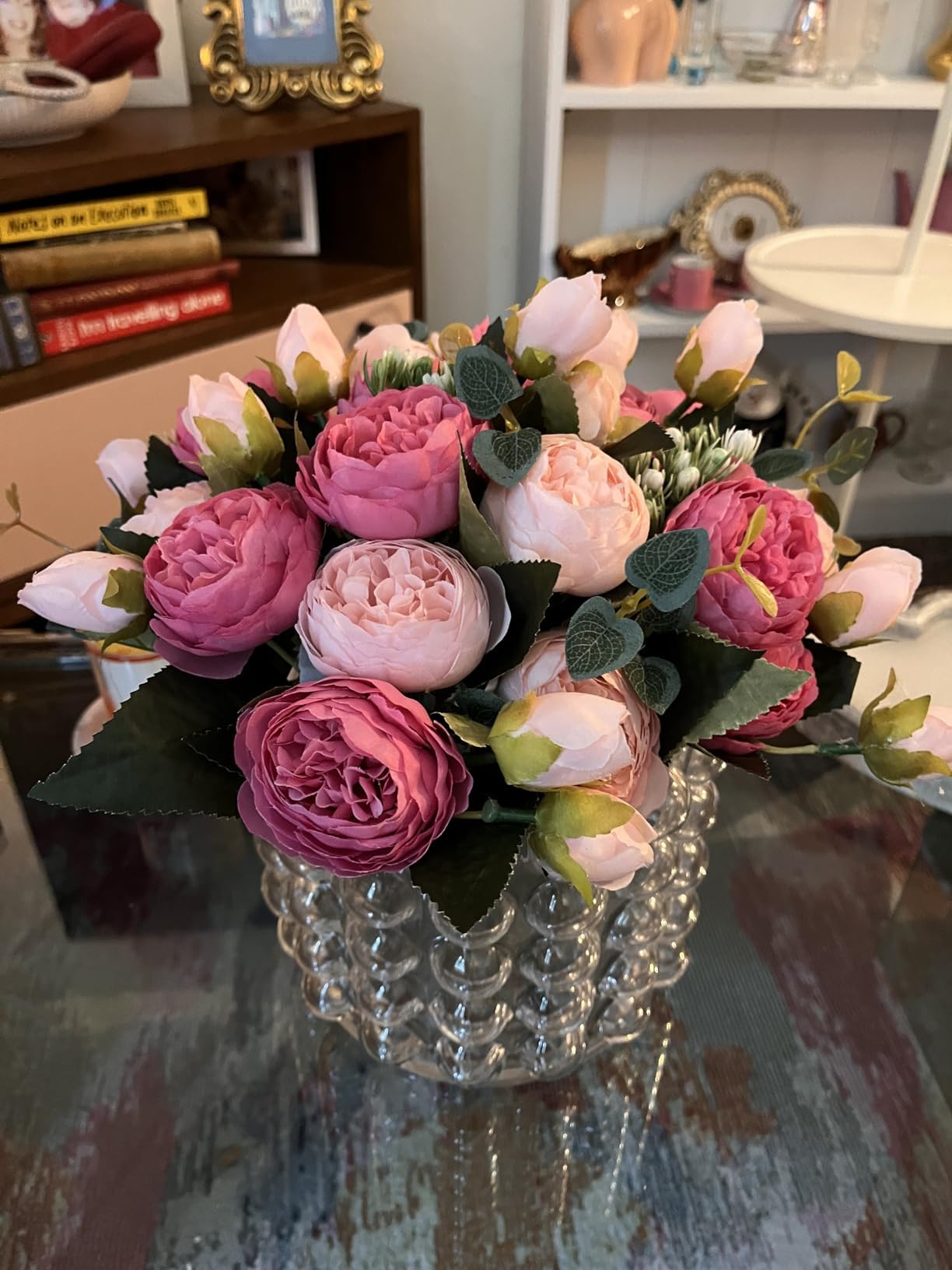 DEEMEI 4 Bundles Peonies Artificial Flowers, Fake Silk Peonies Bouquet of Flowers for Home Decor Faux Floral Table Centerpieces for Kitchen Bathroom Wedding Party Decor(Rose Red+Pink)