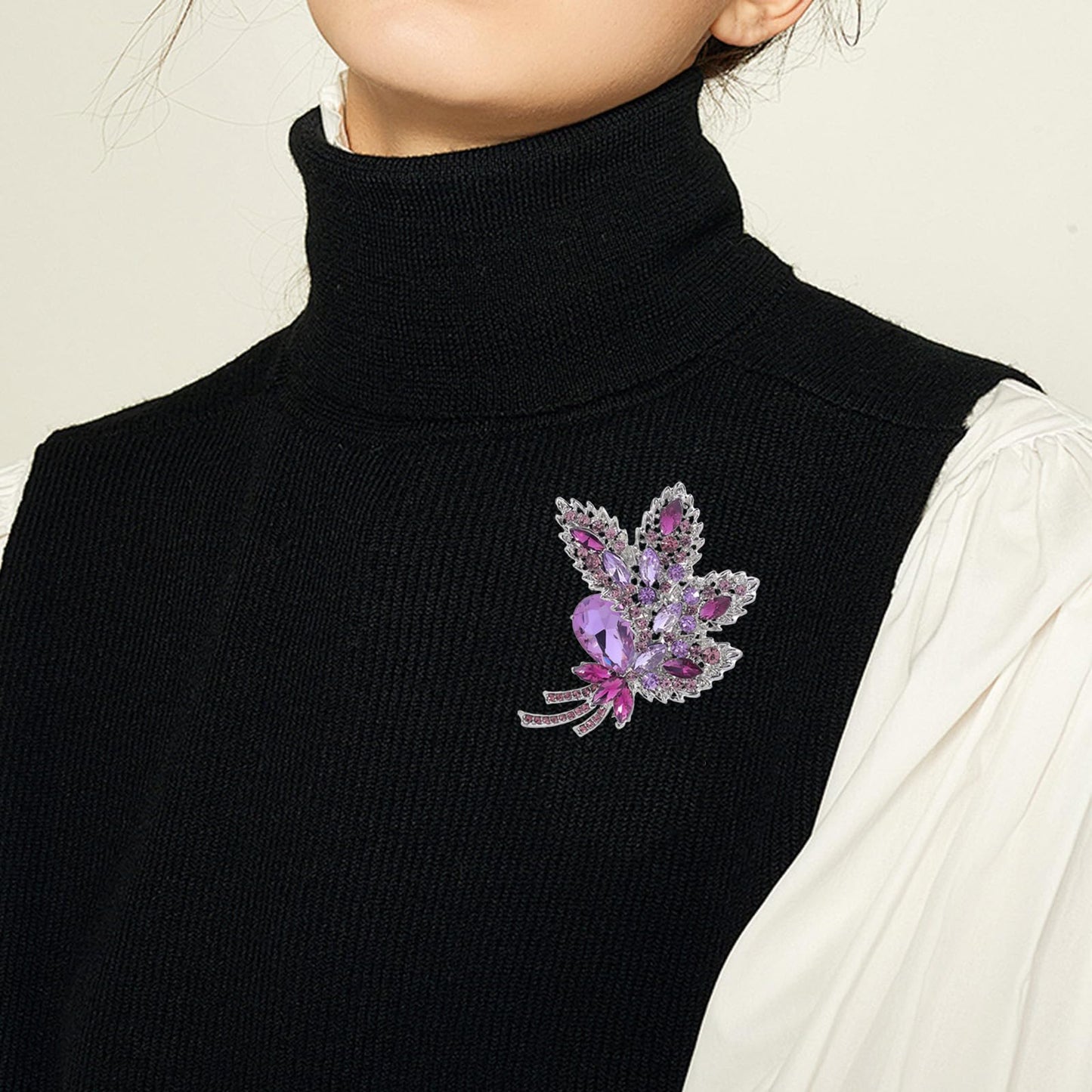 YOQUCOL Purple Austrian Crystal Leaf Shape Bouquet Big Large Brooch Pin Rhinestone Scarf Decoration Wreath Cloth Pin For Women