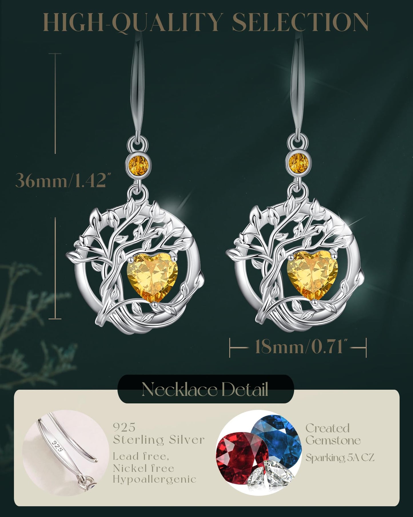 FANCIME Tree of Life Earrings 925 Sterling Silver Dainty Yellow Citrine Dangle Drop Gemstone Earring November Birthstone Fine Jewelry Birthday Mothers Day Gifts for Mom Her Women