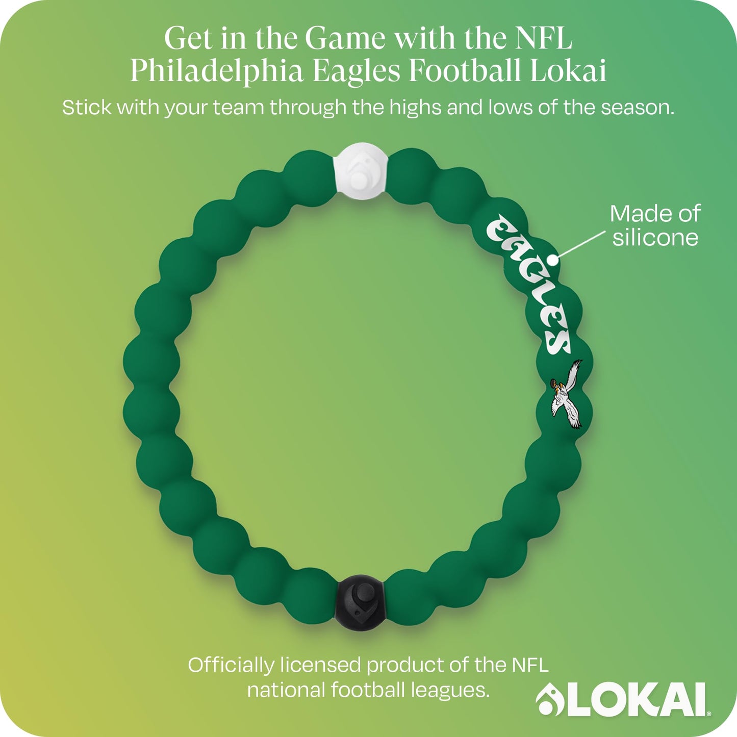 Lokai NFL Football Collection Silicone Beaded Bracelet, Philadelphia Eagles Home Field (Medium) - For Women & Men, Silicone Jewelry Fashion -On for Comfortable Fit