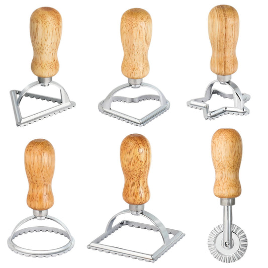 6PCS Ravioli Stamp Maker Cutter,Roller Wheel Included,Pasta Maker Mold with Wooden Handle and Fluted Edge,5 Different Shape Cutters,for Ravioli,Pasta,Dumplings Lasagna,Pierogi