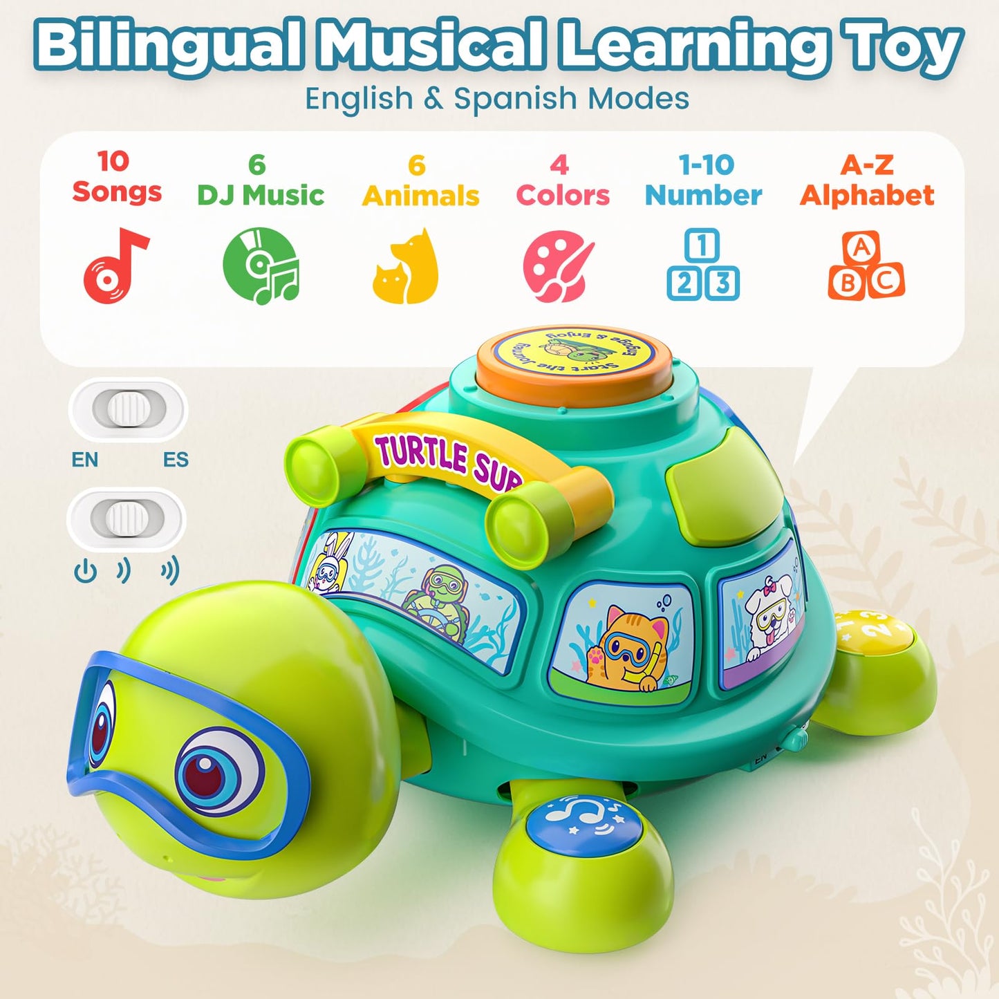 Vahome Musical Crawling Turtle Toy for Babies 3–12 Months, Light-up Educational Baby Toy for 6 7 8 9 10-12 Month Old Boy Girl, Bilingual Development Infant Gifts for 3 4 5 6-12 Months (Green)
