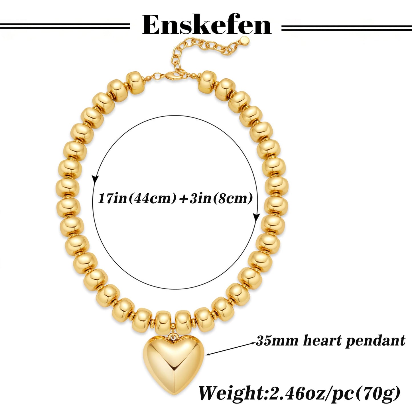 ENSKEFEN Gold Heart Pendant Beaded Necklace for Women Chunky Acrylic Gold Plated Bead Choker Necklace Adjustable Large Statement Necklace Fashion Boho Jewelry