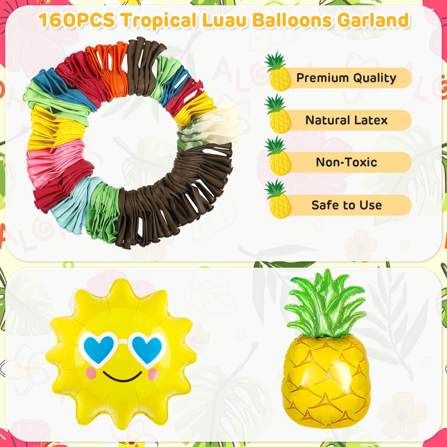 Amandir 160Pcs Hawaiian Tropical Beach Luau Balloon Garland Arch Kit Party Decorations with Aloha Green Palm Tree Pineapple Foil Balloon for Summer Birthday Party Decorations