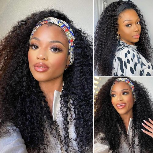 SUPERNOVA Headband Wig Human Hair Curly Headband Wigs For Women 180% Density Kinky Curly Headband Wig Human Hair Brazilian Glueless None Lace Front Wigs Hair（18inches）