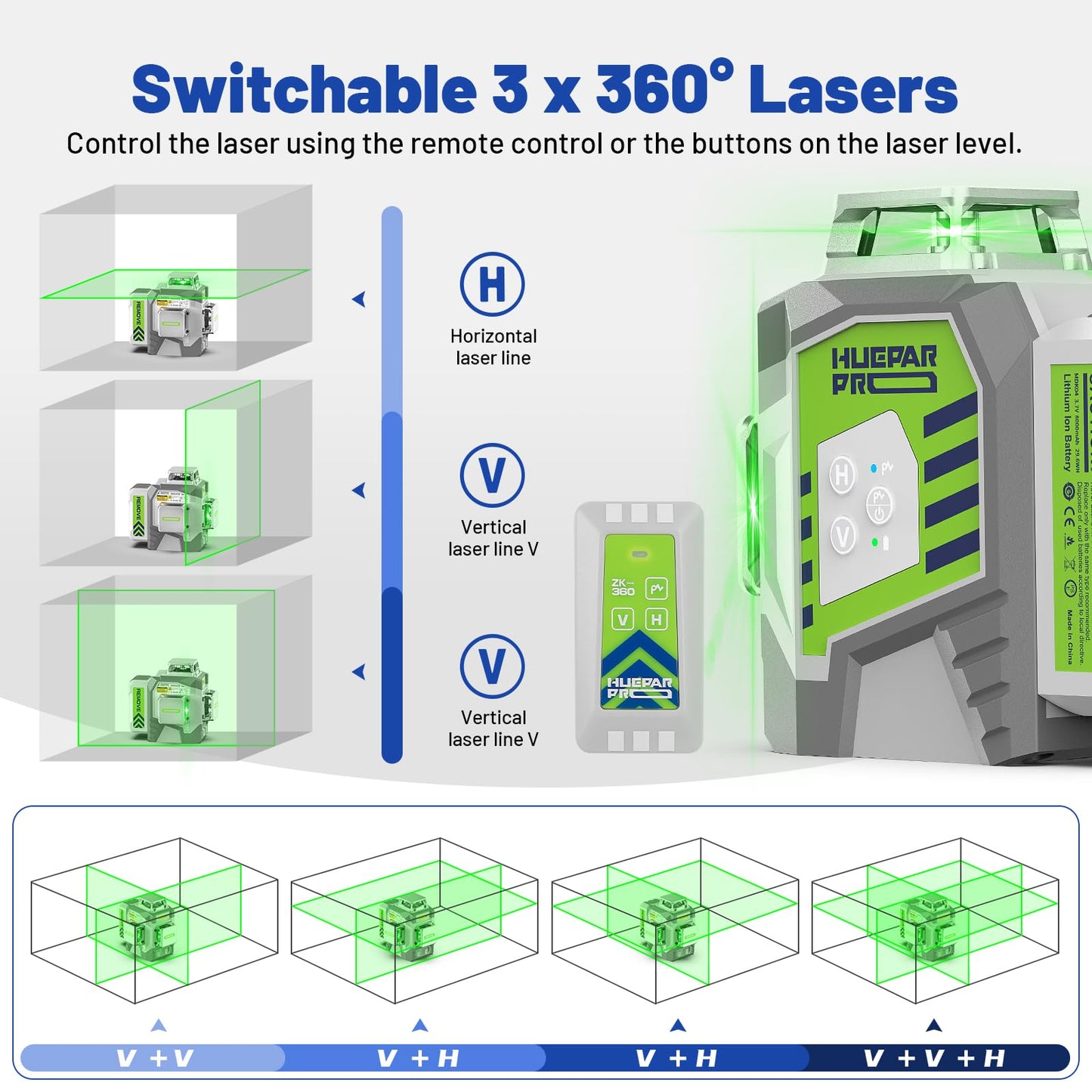 Huepar Pro Laser Level 360 Self Leveling with 50inch Tripod, 3 x 360° High Brightness Green Laser Leveler Tool for Construction, Tile and Picture Hanging, 8000mAh Li-ion Battery & Magnetic Bracket