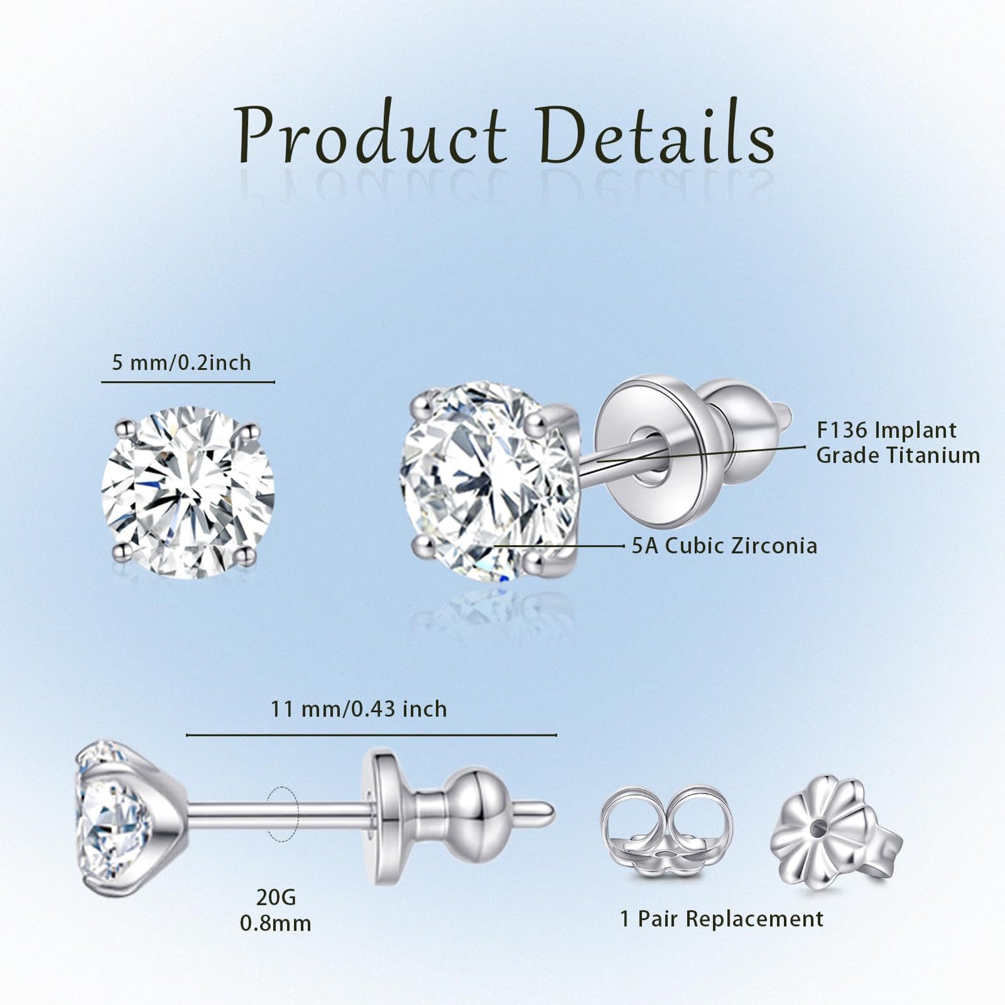 Limerencia G23 Pure Titanium Earrings F136 Implant Grade Titanium Studs 20G Hypoallergenic Round Cubic Zirconia/Princess-Cut/Square/Ball Earrings for Women Men Sensitive Ears(5mm Cubic Zirconia)