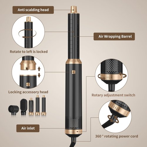 5 in 1 Blow Dryer Brush, Upgrade Hair Dryer Brush Air Curler Air Curling Wrap Styler, Detachable Hot Air Brush Negative Ion Curling Brush Iron, Hair Styling Tools for Drying Curling Straightening