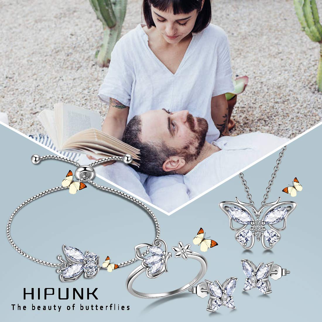 Hipunk Butterfly White Jewelry Sets Birthstone Women 925 Sterling Silver April-Diamond Birth Stone Animal Butterflies Jewelry Sets/Earring/Ring/Bracelet Set Crystal Birthday Jewelry SS0003W