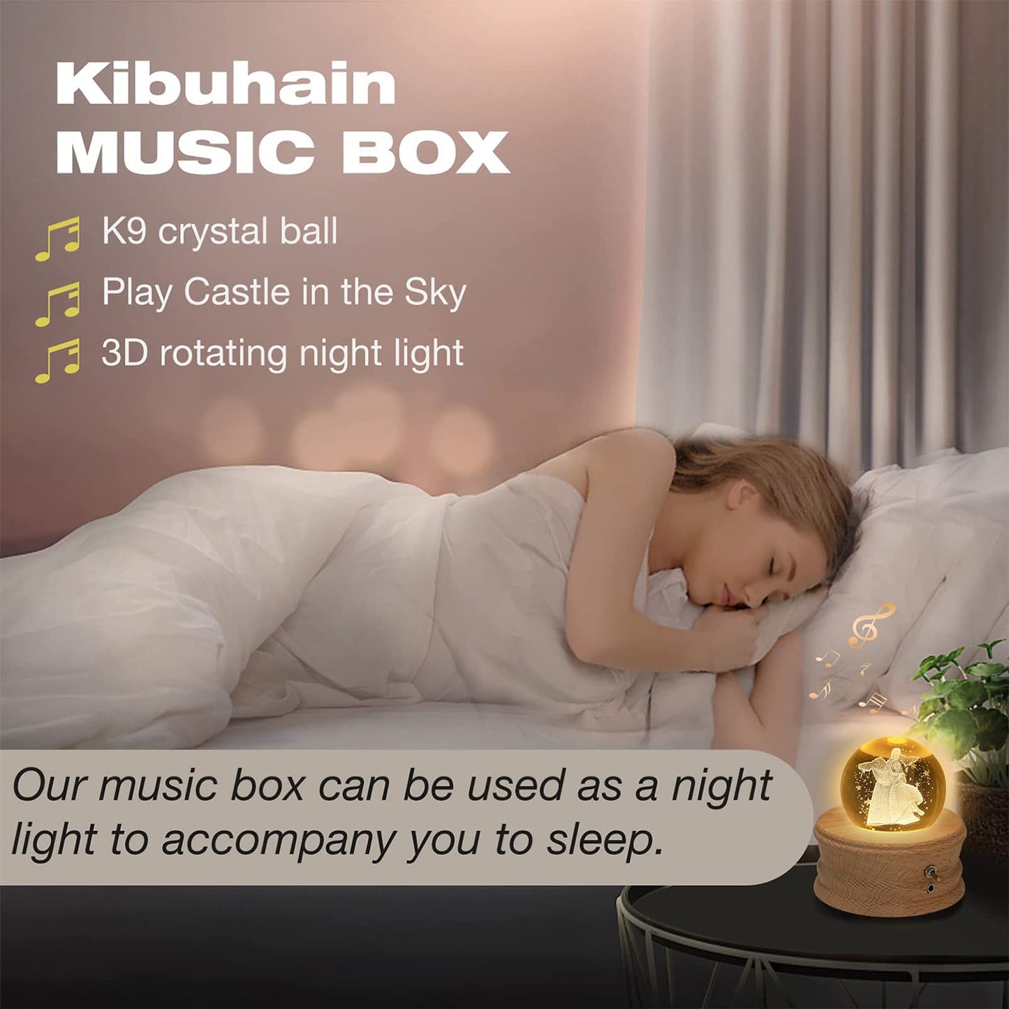 Kibuhain 3D Crystal Ball Music Box with Projection LED Light and Rotating Wooden Base, Best Gift for Christmas,Valentine's Day, Music Boxes for Women Mom Girls-Castle in The Sky