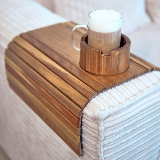 Acacia Couch Arm Tray for Drinks and Snacks with Detachable Cup Holder, Anti Slip Base and Foldable Design, Wooden Sofa Arm Tray for Convenient Couch Side Use
