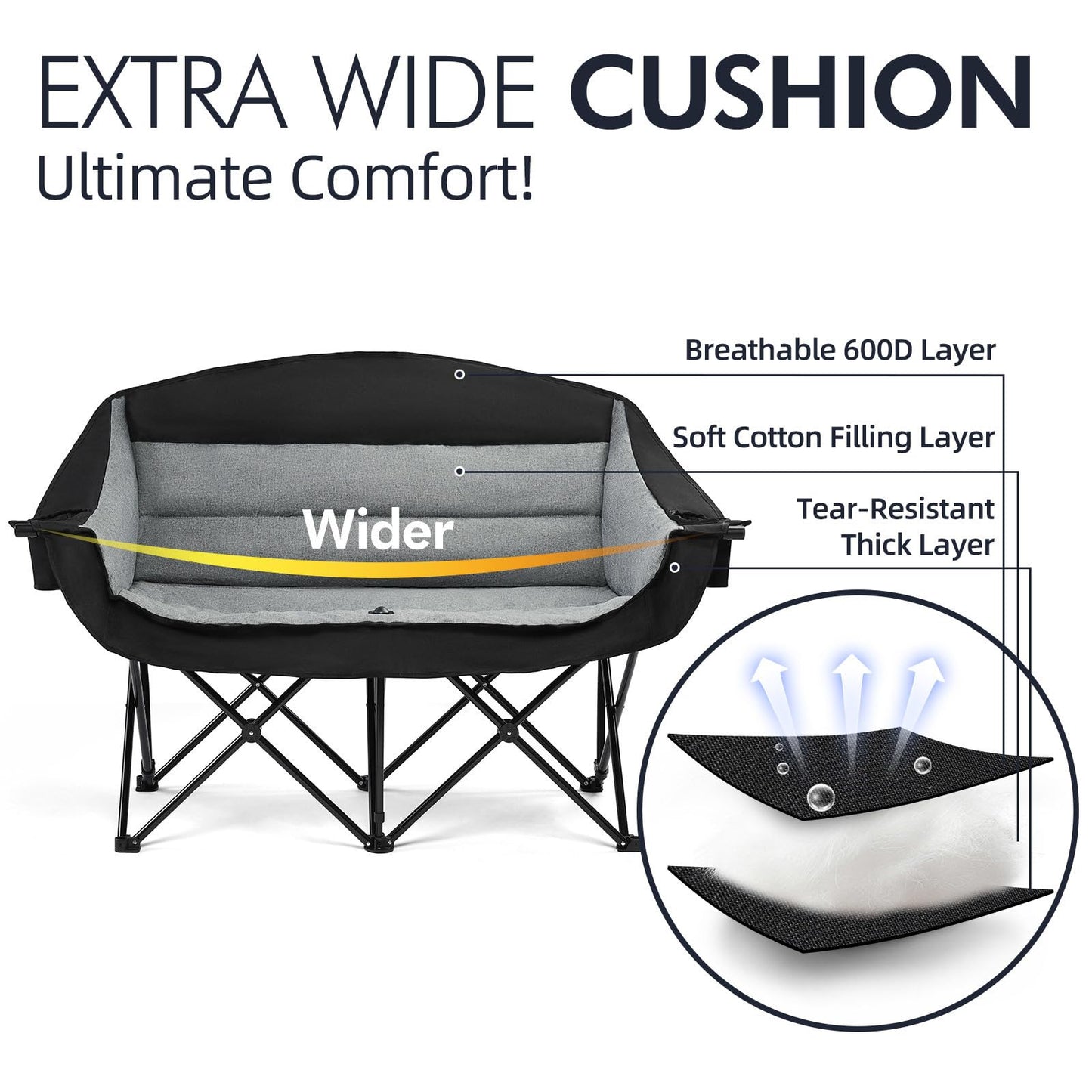 Double Camping Chair Loveseat - 2 Person Oversized Camping Couch for Adults Padded Heavy Duty Outdoor Lawn Beach Portable Folding Chairs with Cup Holders and Carry Bag Support 600lbs, Black/Grey