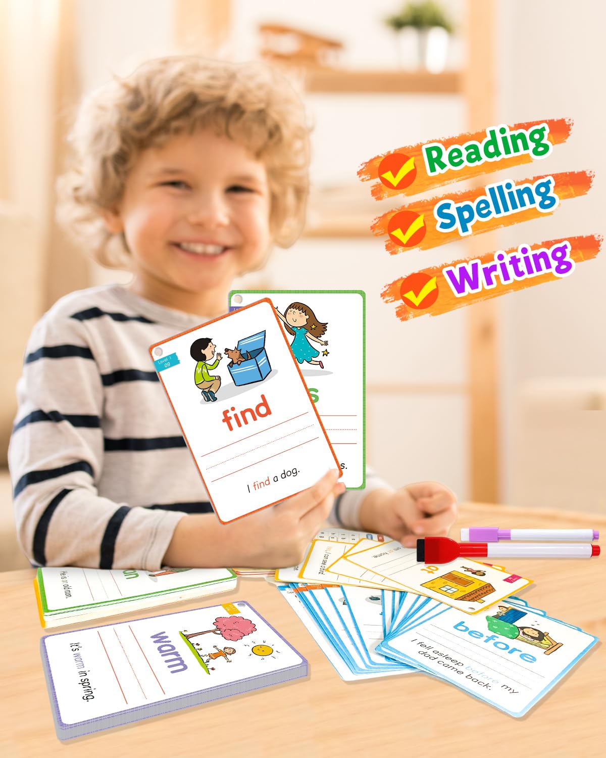 HOQEEWIPE Sight Words Flash Cards Kindergarten, Reusable 250 Dolch Sight Word Games to Learn to Write, Speak and Spell-Homeschool Supplies, Essential Preschool Learning Activities for Kids Ages 3-5