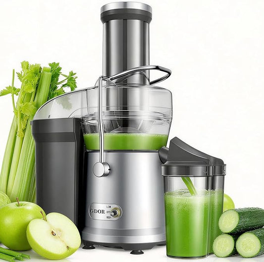 GDOR Powerful 1200W Juicer with Larger 3.2" Feed Chute, Titanium Enhanced Cutting System, Centrifugal Juice Extractor Maker with Heavy Duty Full Copper Motor, Dual Speeds, BPA-Free, Silver