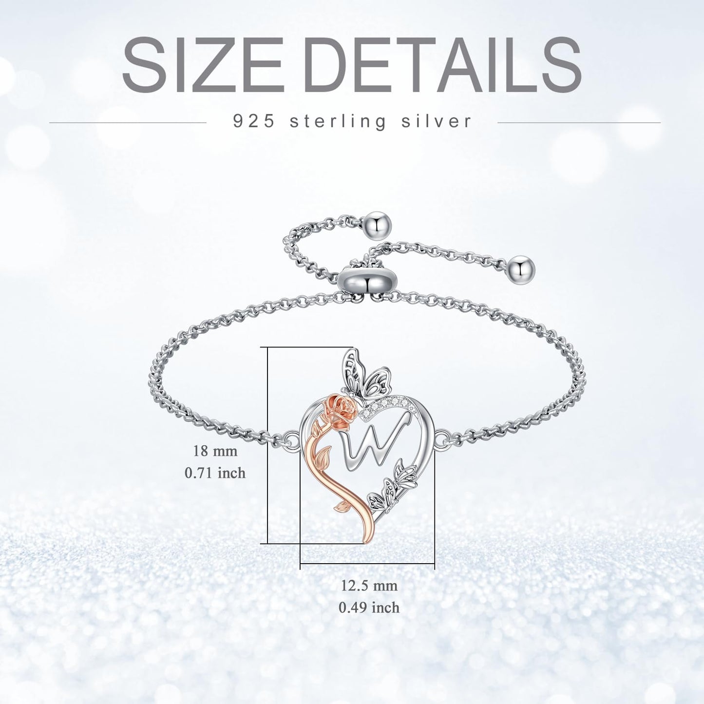 TOUPOP Rose Heart Bracelet for Women Sterling Silver Heart Initial W Letter Bracelet Butterfly Love Jewelry Anniversary Birthday Mothers Day Gifts for Mom Wife Her Girlfriend