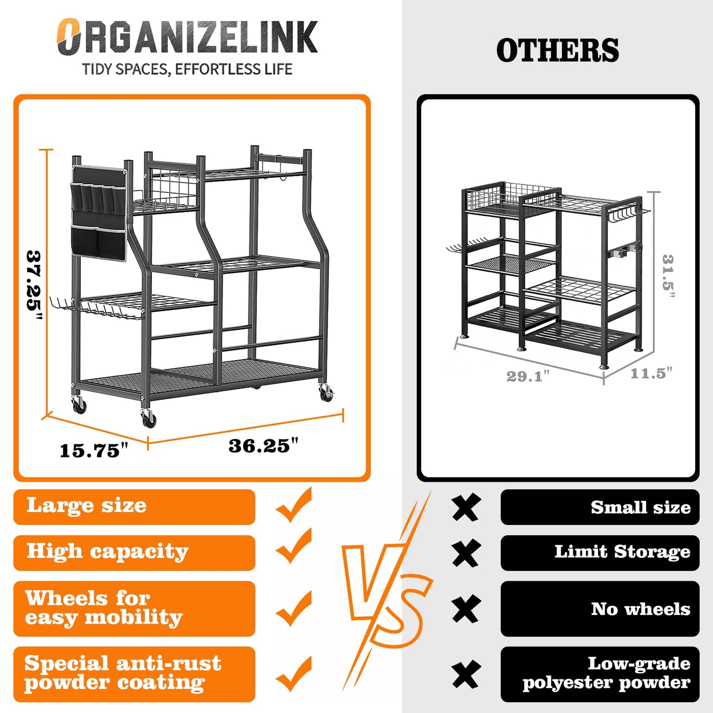 organizelink 36" Large Garden Tool Organizer with Wheels & Side Tool Bag, 3 Tier Rolling Garage Storage Rack for Long Handled Rakes, Shovels, Brooms, Freestanding Yard Tools Cart for Shed & Outdoors