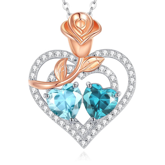 AGVANA March December Birthstone Jewelry Aquamarine Blue Topaz Necklace Sterling Silver Rose Flower Heart Double Birthstone Pendant Necklace Anniversary Birthday Gifts for Women Mom Wife Lady Her