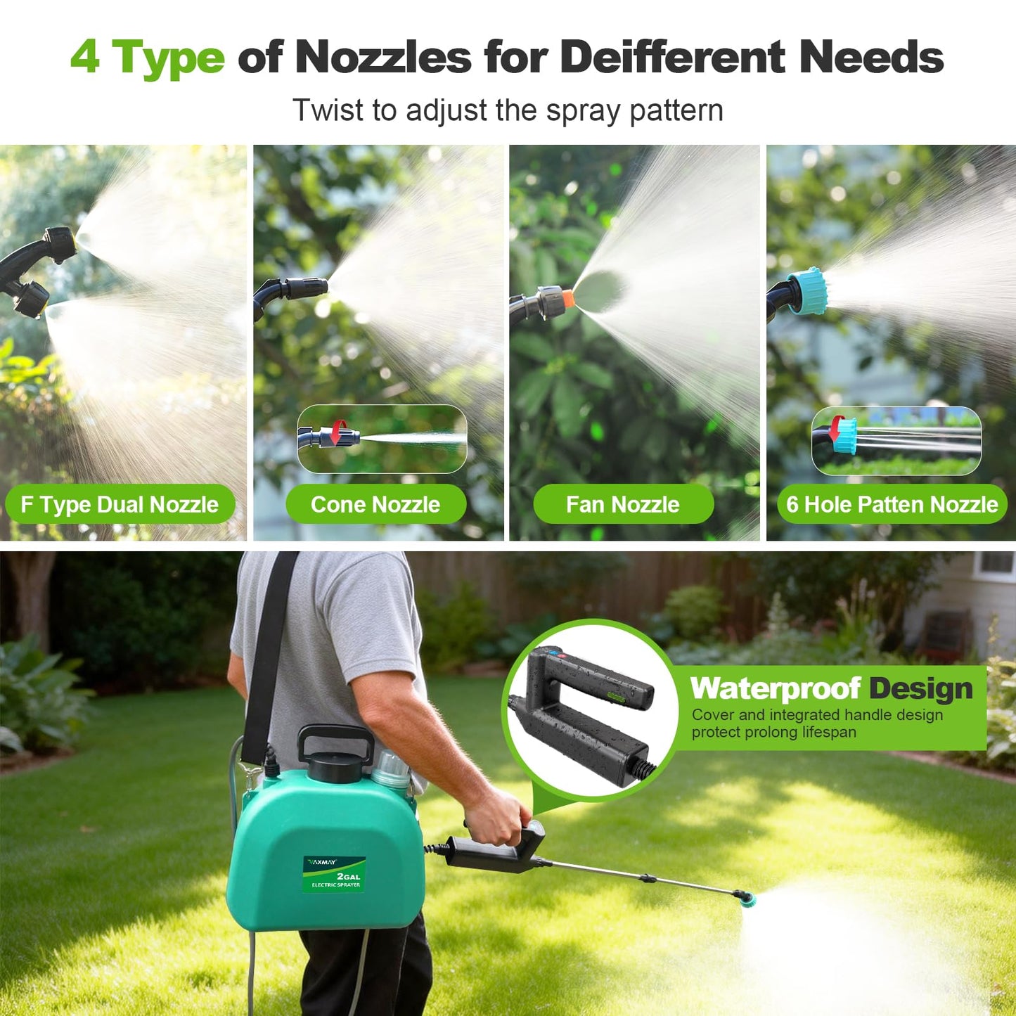 VAXMAY Battery Powered Sprayer 2 Gallon, Upgrade Electric Garden Sprayer with 3 Adjustable Speed, Battery Indicator, 4 Mist Nozzles, Rechargeable Handle, Retractable Wand, Shoulder Strap for Weed Lawn