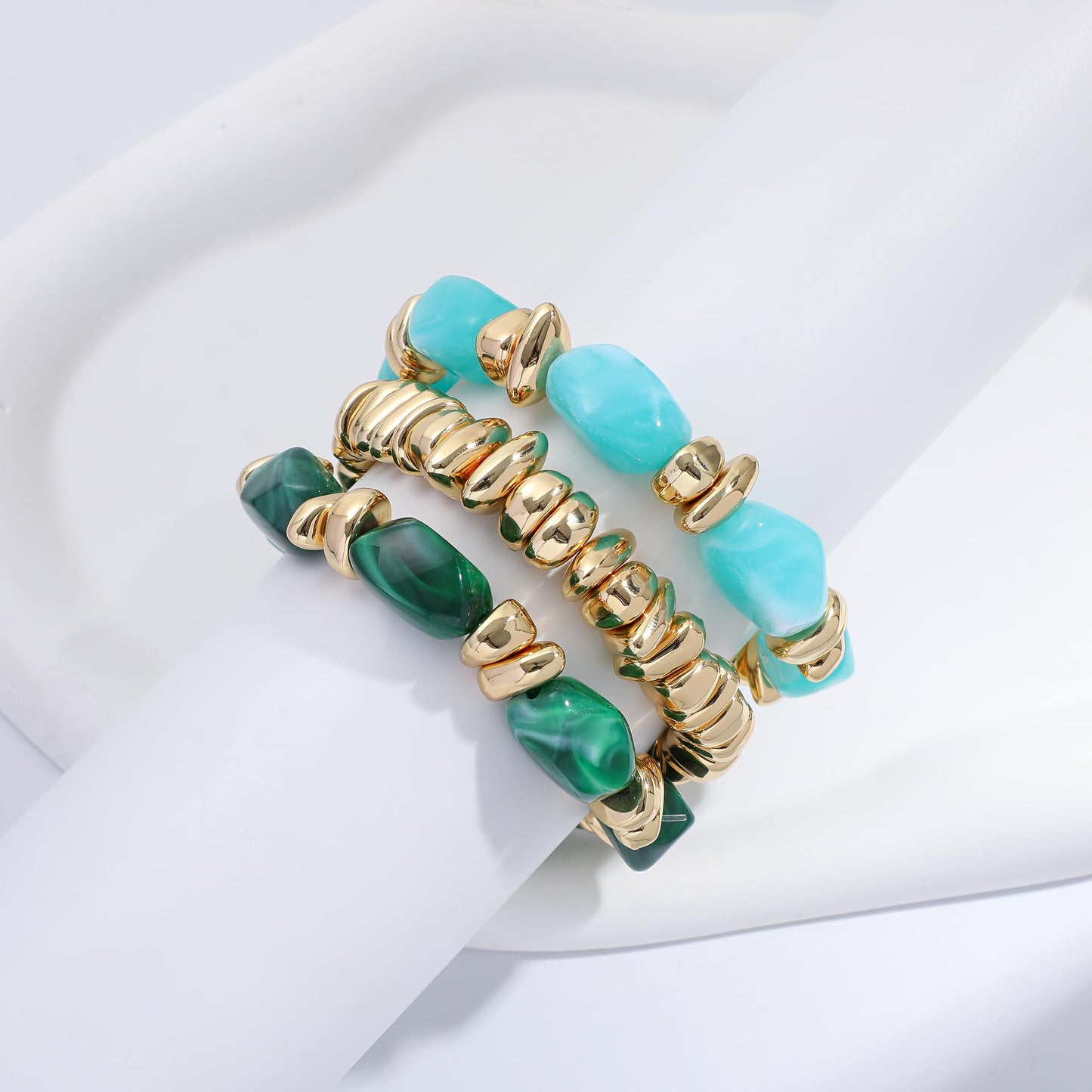 Sajidos Gold Plated Beaded Bracelets for Women Trendy, 14K Gold Plated Stack Cross Pearl Gold Plated Bead Stretch Bracelets Set Elastic Hypoallergenic Bracelets Jewelry Gifts (style13-bluegreen)