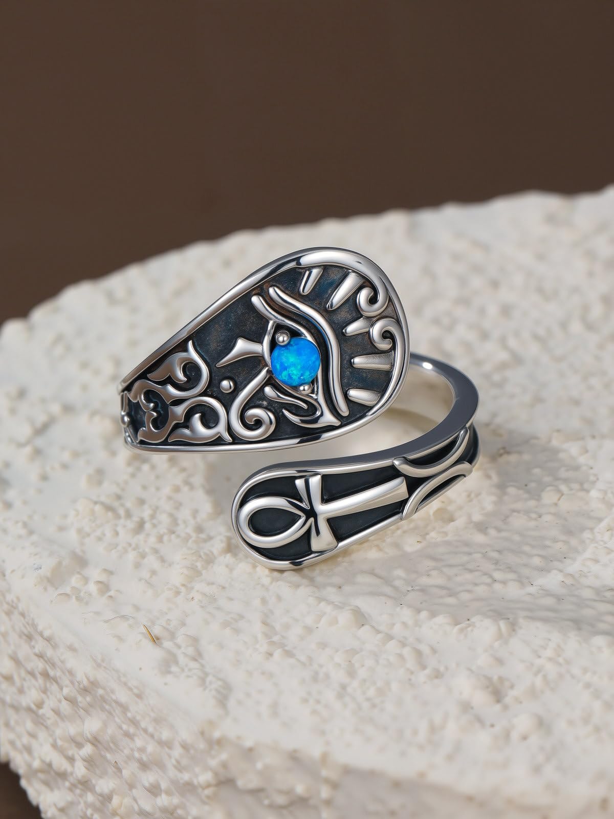 Midari Egypt Eye of Horus Spoon Ring 925 Sterling Silver Adjustable Vintage Ankh Cross Spoon Thumb Rings with Blue Opal Jewelry for Women Halloween Birthday Christmas Gifts