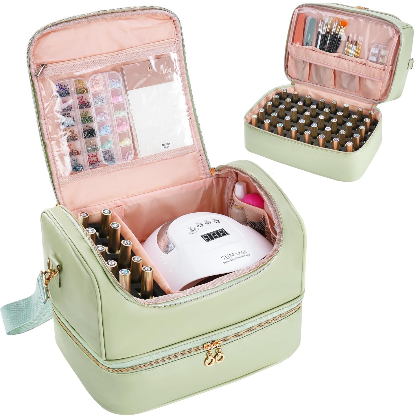 Uross Nail Polish Organizer Bag Holds 50 Bottles Nail Polish, Nail Lamp, Nail Supplies- PU Leather Nail Organizers and Storage Case for Nail Tech, Nail Stuff Gel Kit Box Gift for Manicurist- Green