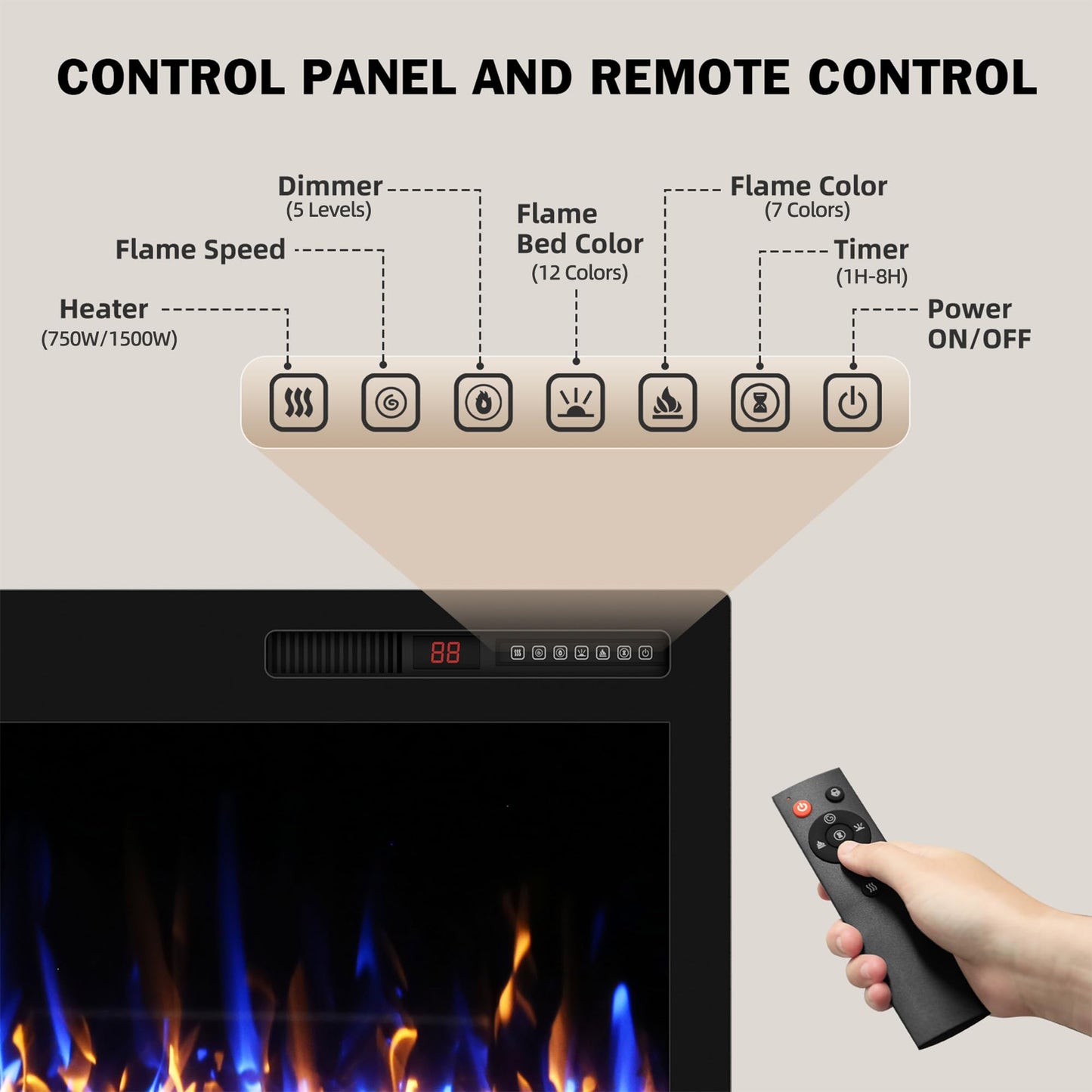 Ludatido 68 Inch Electric Fireplace Wall Mounted and Recessed with Remote Control, Color Adjustable/Realistic Flame W/Timer 1500/750W 400 sq.ft Heating Output Fireplace Heater with Log
