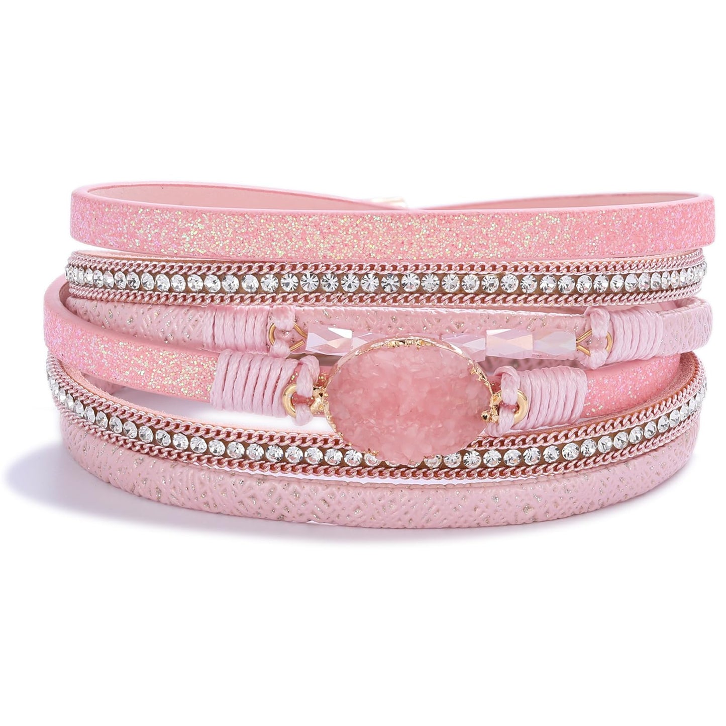 FANCY SHINY Boho Leather Wrap Bracelet Stackable Chunky Crystal Cuff Bracelets with Magnetic Clasp Cowboy Cowgirl Western Summer Beach Outfits Jewelry Gifts for Women (14.7", Pink)