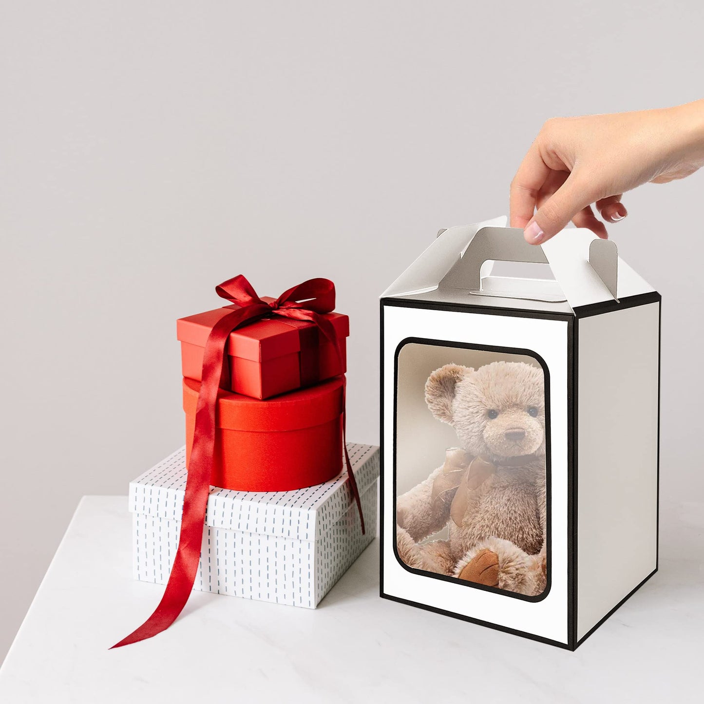 Large Gift Boxes, 10 Pcs Tote Paper Bags with Transparent Window, 9.8 x 7 x 5.1" Flower Bouquet Paper Gift Bags with Handles - White
