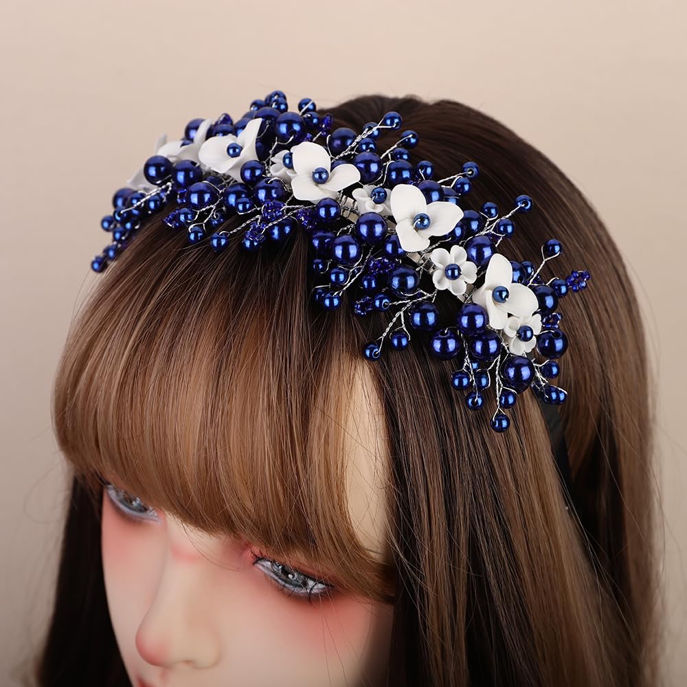 Lenjicons Elegant Faux Pearls Flower Headband White Flower Beads Wedding Headband Handmade Bridal Hair Crown Wedding Bridal Headpiece for Brides Bridesmaid (blue)
